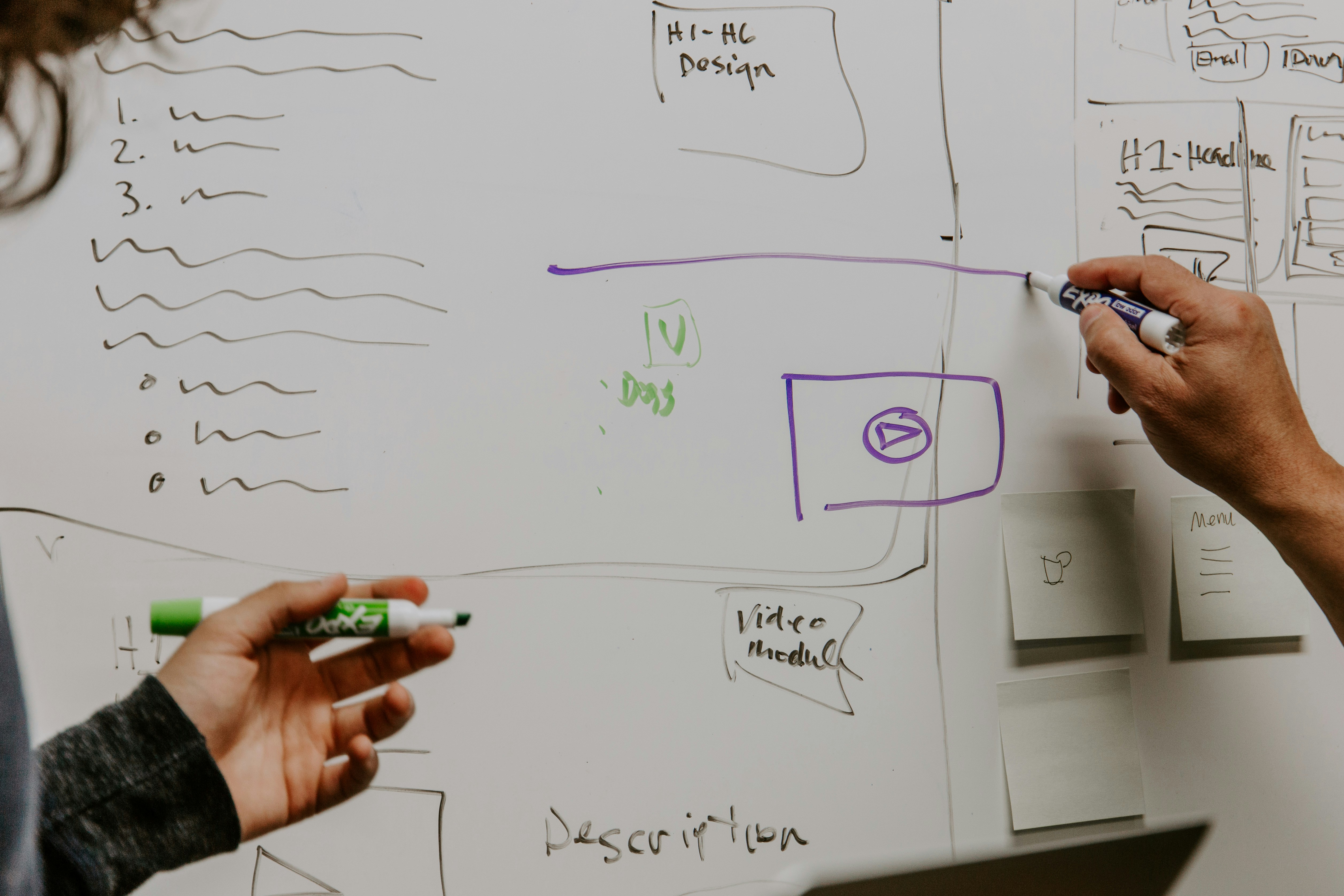 Software developer planning a whiteboard structure for a Python project, with notes including 'docs' and 'video module,' showcasing strategies from a comprehensive guide to structuring Python projects for maintainability and growth.