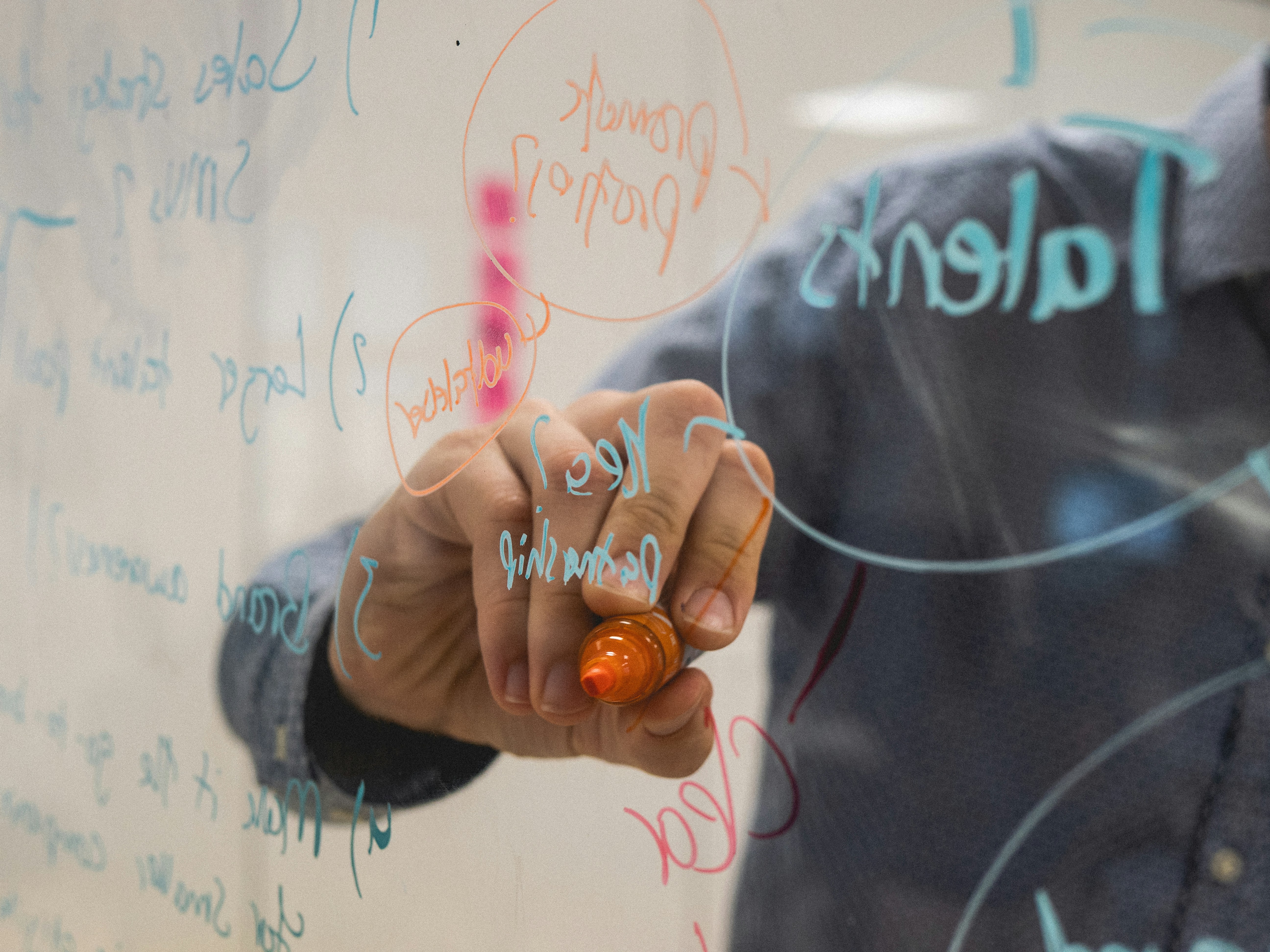 Software developer using a marker on a glass board to plan property-based testing in Python with Hypothesis, visualizing code strategies and test cases.