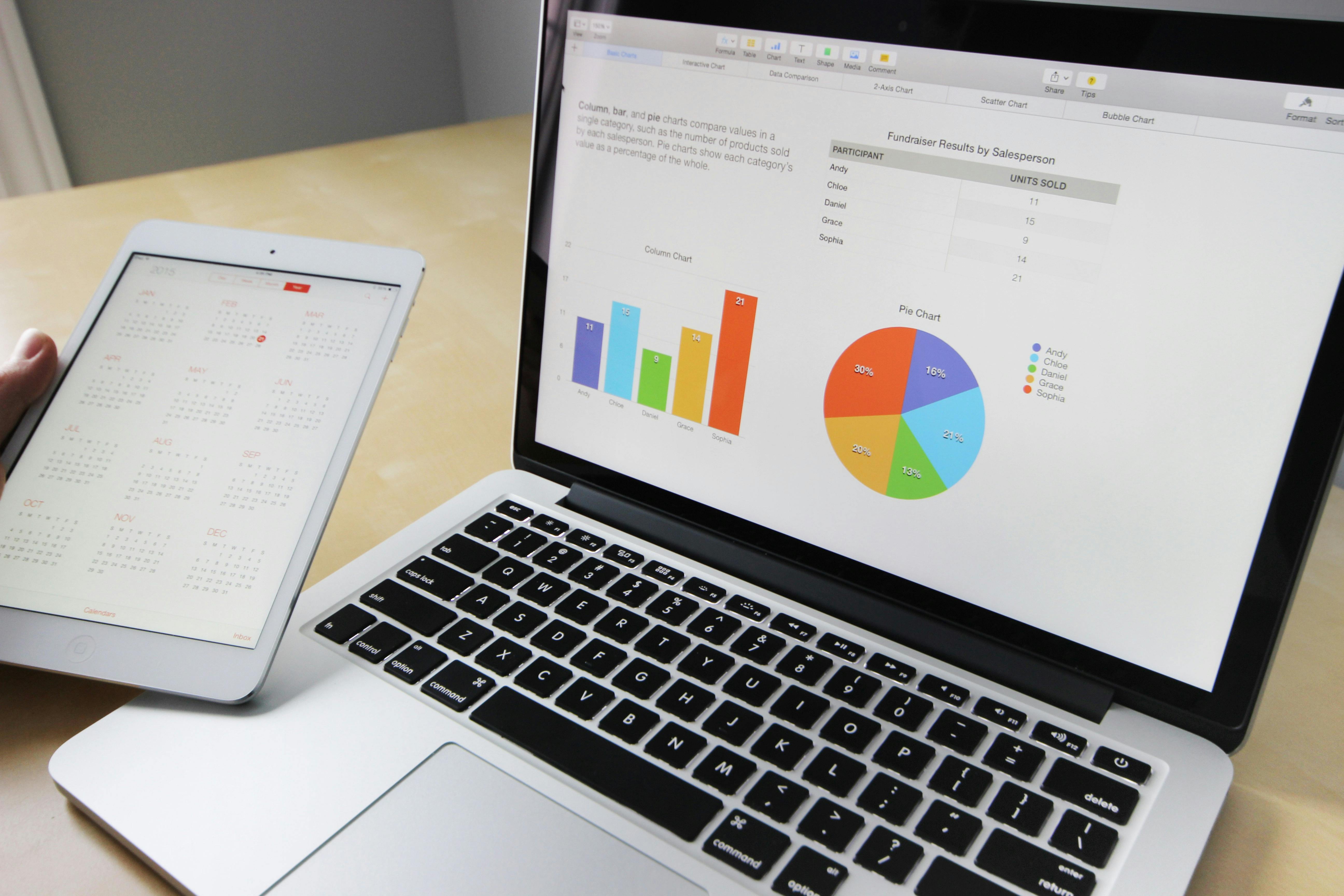 Person using a tablet and laptop to analyze charts and data, illustrating concepts from a Python itertools module tutorial for efficient data handling.